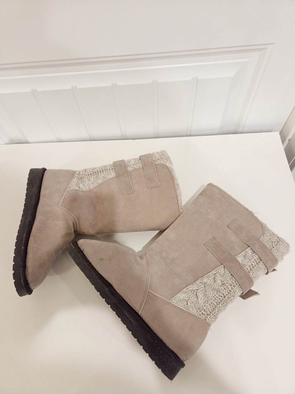 Muk Luks Beige Knit-Back Suede Mid-Calf Boots